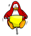 A club penguin penguin, who's red in color, drills using an orange drill