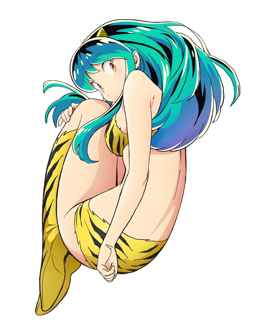 Lum from Urusei Yatsura curled into a ball looking over her shoulder